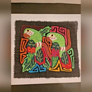 2 Green Parrot Mola Applique Handmade Fiber Art Kuna/ Guna Women's Art Panama